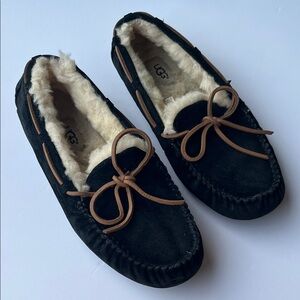 UGG Black Suede Shearling-Lined Moccasin Slippers with Chestnut Leather Trim